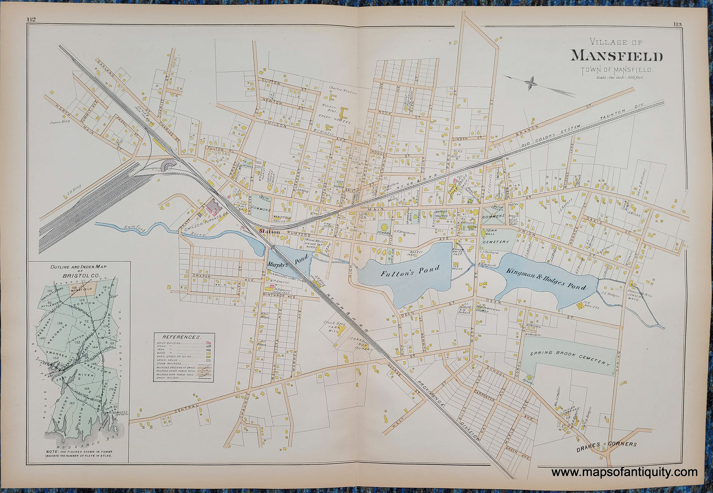 Antique-Hand-Colored-Map-Village-of-Mansfield-Bristol-Co.-Index-(MA)-US-Massachusetts-Mansfield-1895-Everts-&-Richards-Maps-Of-Antiquity