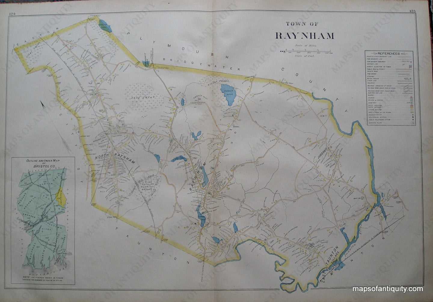 Antique-Hand-Colored-Map-Town-of-Raynham-Bristol-Co.-Index--(MA)-US-Massachusetts-Raynham-1895-Everts-&-Richards-Maps-Of-Antiquity