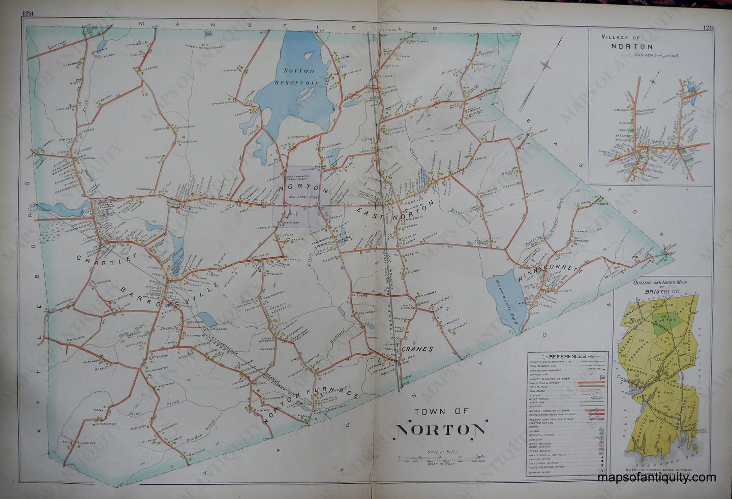 Antique-Hand-Colored-Map-Town-of-Norton-Village-of-Norton-Bristol-Co.-Index--(MA)-US-Massachusetts-Norton-1895-Everts-&-Richards-Maps-Of-Antiquity