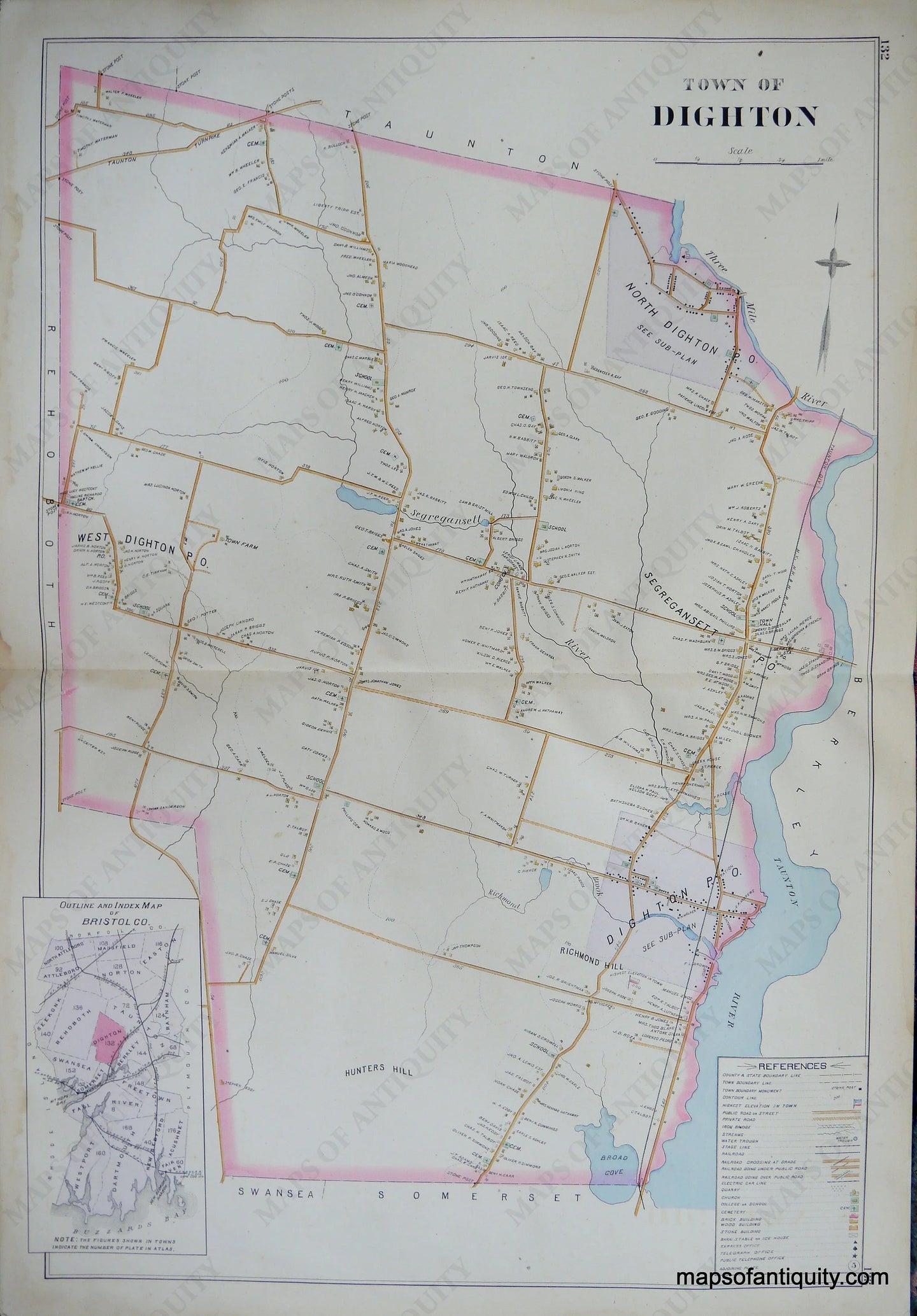 Antique-Hand-Colored-Map-Town-of-Dighton-Bristol-Co.-Index--(MA)-US-Massachusetts-Dighton-1895-Everts-&-Richards-Maps-Of-Antiquity