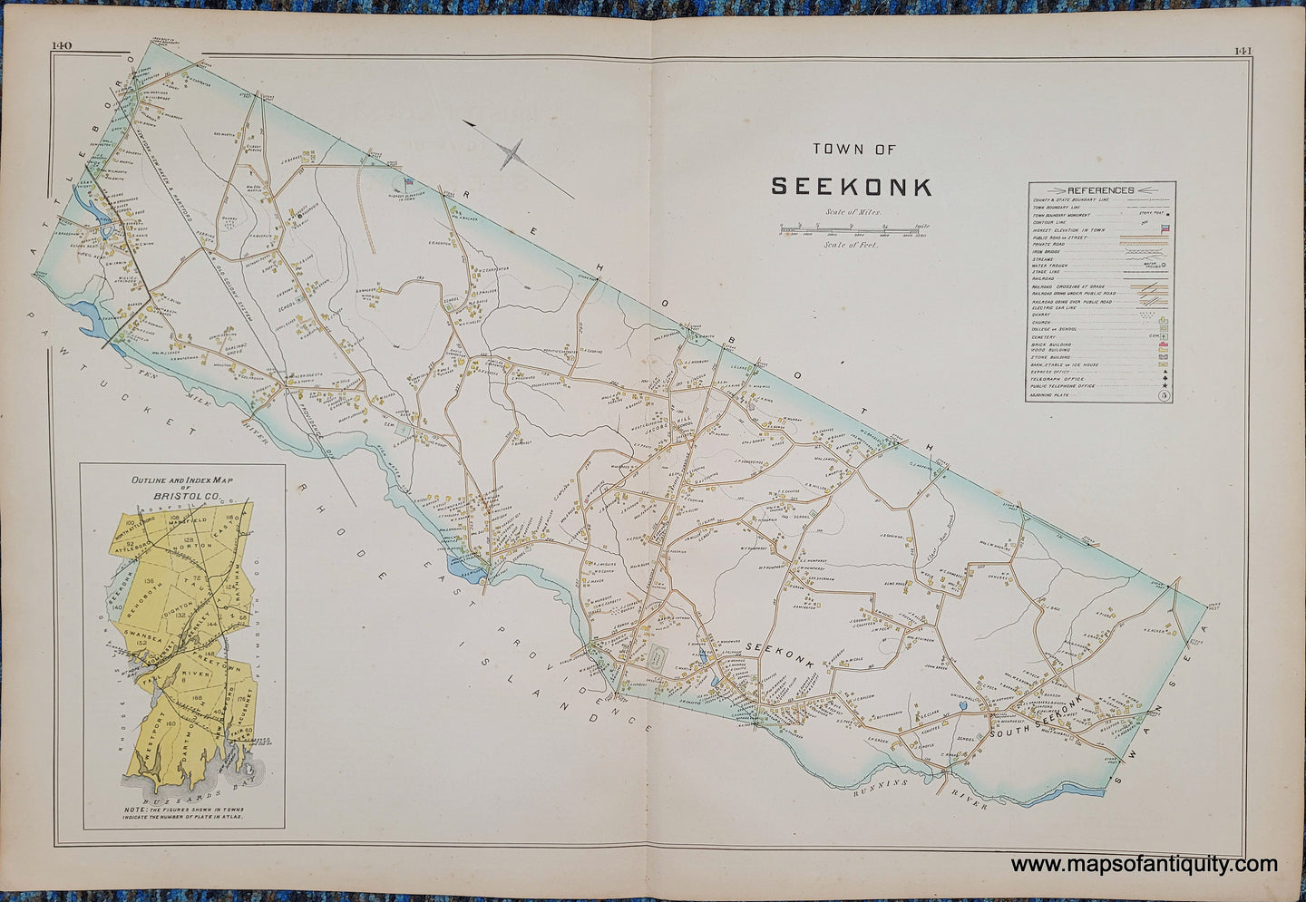 Antique-Hand-Colored-Map-Town-of-Seekonk-Bristol-Co.-Index-(MA)-******-US-Massachusetts-Seekonk-1895-Everts-&-Richards-Maps-Of-Antiquity