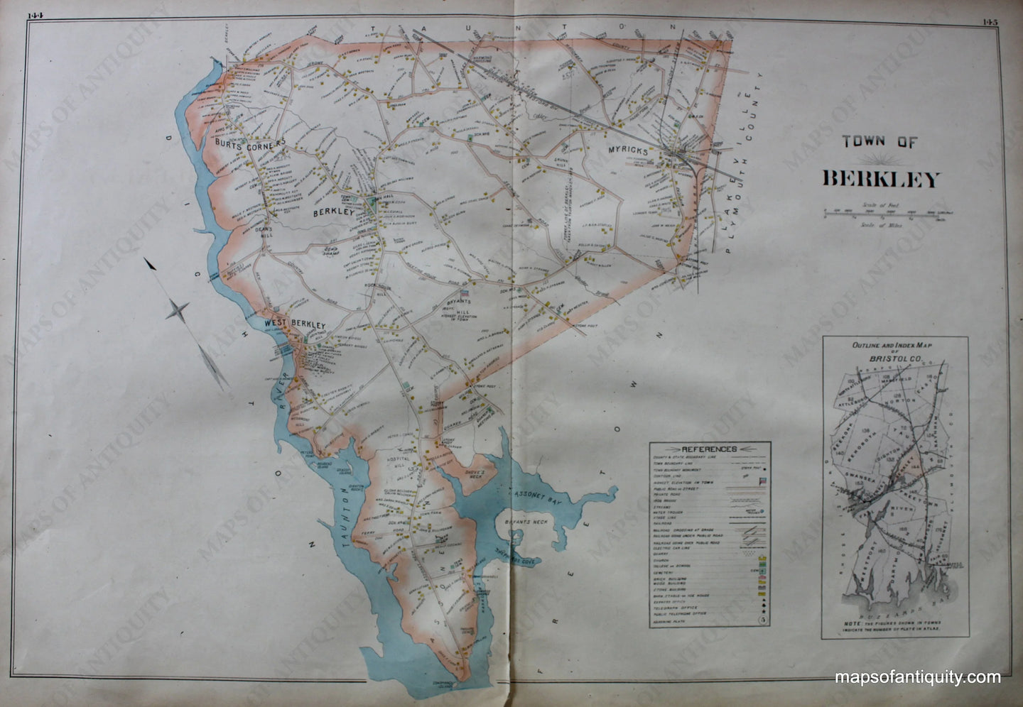 Antique-Hand-Colored-Map-Town-of-Berkley-Bristol-Co.-Index--(MA)-US-Massachusetts-Berkley-1895-Everts-&-Richards-Maps-Of-Antiquity