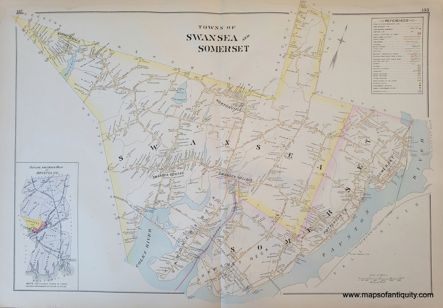 1895 - Towns of Swansea & Somerset, Bristol Co. Index (MA) - Antique Map