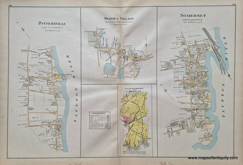 Antique-Hand-Colored-Map-Pottersville.-Swansea-Village-Somerset-Bristol-Co.-Index--(MA)-******-US-Massachusetts-Pottersville-1895-Everts-&-Richards-Maps-Of-Antiquity
