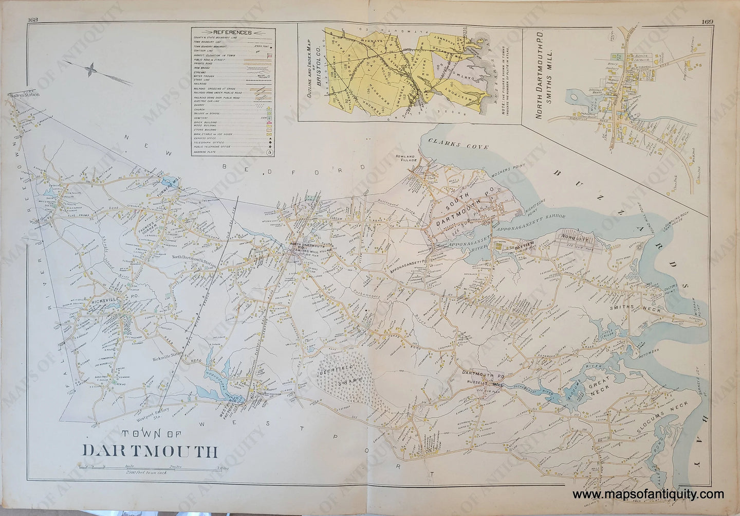 Antique-Hand-Colored-Map-Town-of-Dartmouth-No.-Dartmouth-P.O.-Smiths-Mill--Bristol-Co.-Index-(MA)-US-Massachusetts-Dartmouth-1895-Everts-&-Richards-Maps-Of-Antiquity