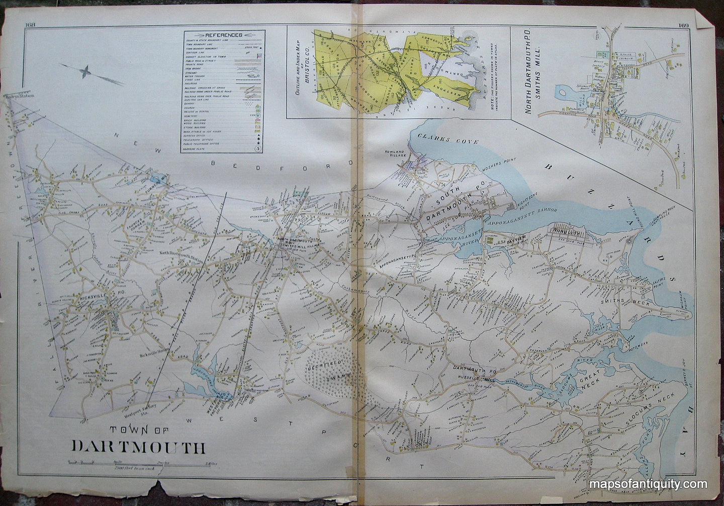 1895 - Town of Dartmouth, No. Dartmouth P.O. Smiths Mill , Bristol Co. Index (MA) - Antique Map