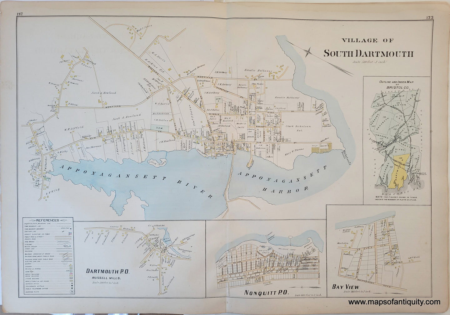 1895 - Village of South Dartmouth, Dartmouth P. O., Nonquitt P. O., Bay View, Bristol Co. Index  (MA) - Antique Map