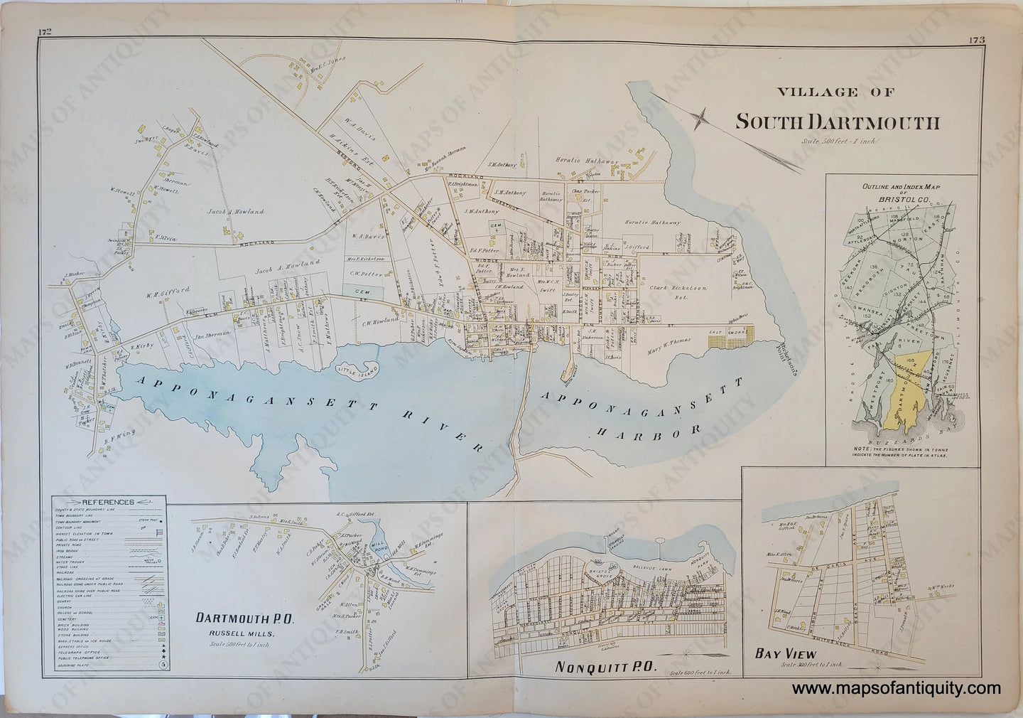 1895 - Village Of South Dartmouth P. O. Nonquitt Bay View Bristol Co. Index (Ma) Antique Map