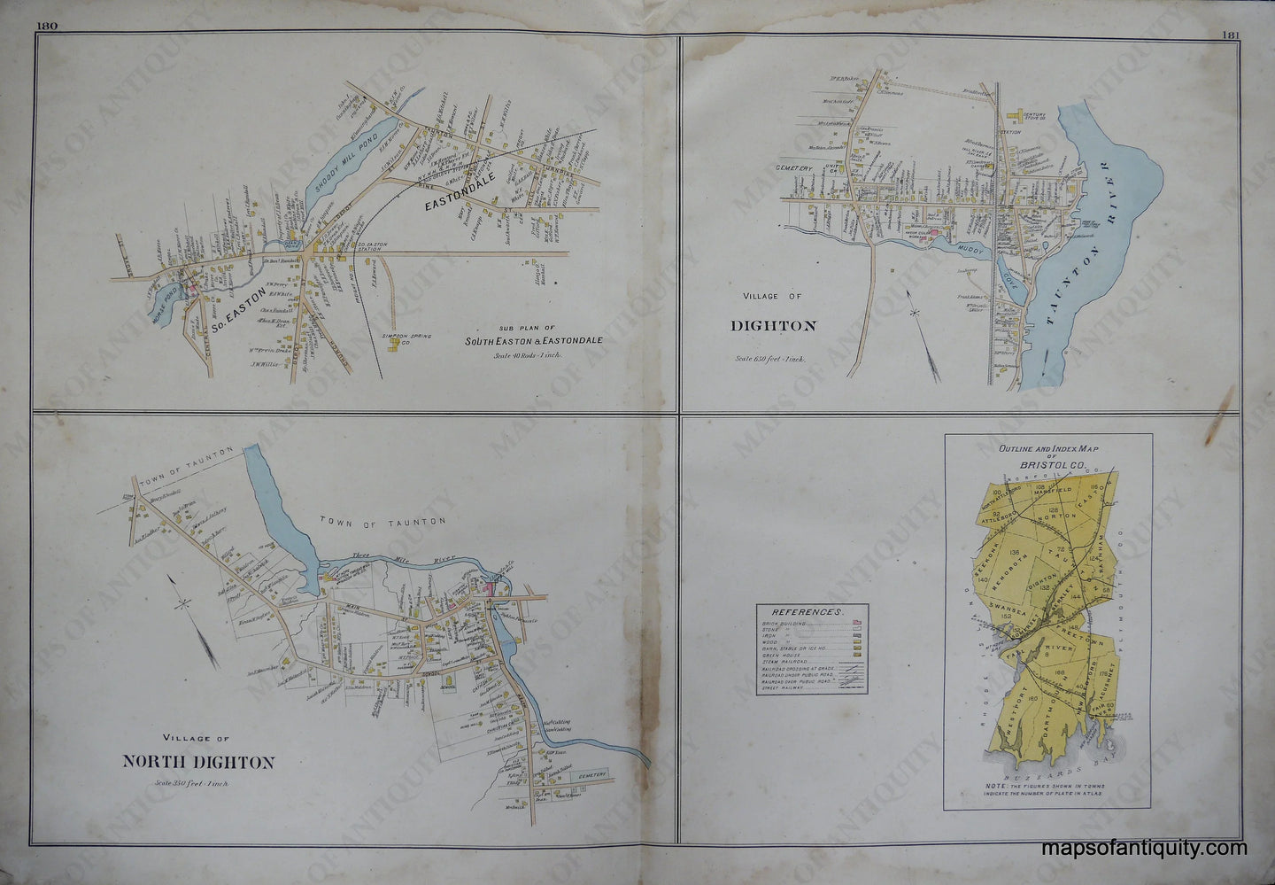 Antique-Hand-Colored-Map-Village-of-No.-Dighton-Plan-of-South-Easton-&-Eastondale-Dighton-Bristol-Co.-Index--(MA)-US-Massachusetts-Dighton-1895-Everts-&-Richards-Maps-Of-Antiquity