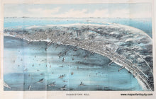 Load image into Gallery viewer, Antique map of Provincetown, Massachusetts with coastal view and ships. Printed in blue, black, and white.
