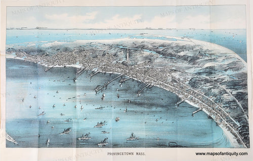 Antique map of Provincetown, Massachusetts with coastal view and ships. Printed in blue, black, and white.