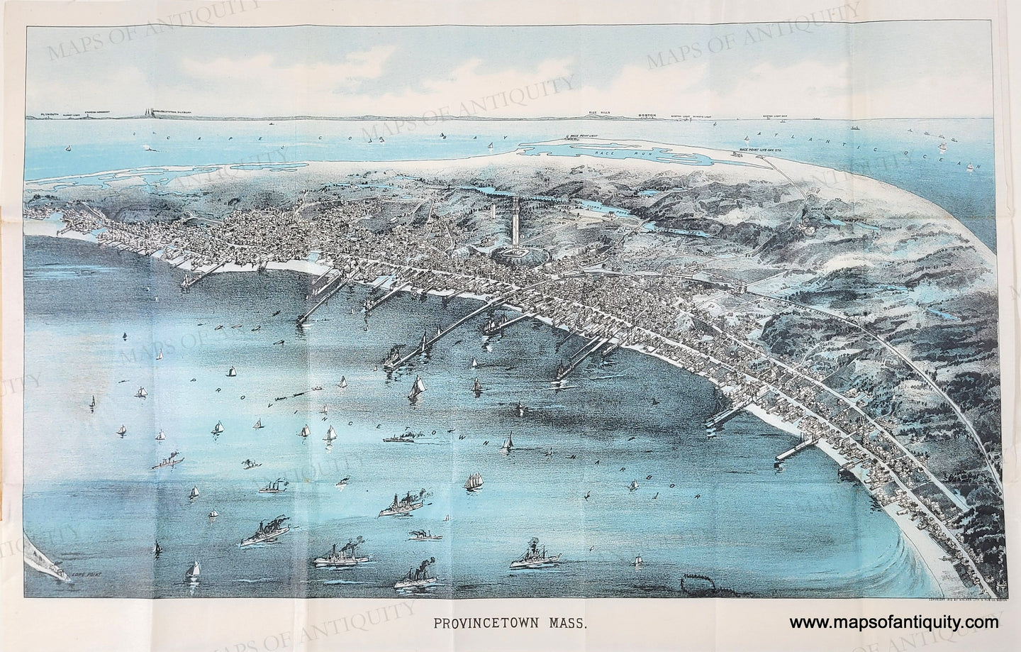 Antique map of Provincetown, Massachusetts with coastal view and ships. Printed in blue, black, and white.