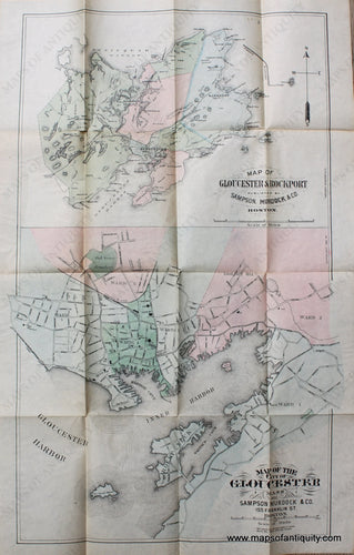 Hand-Colored-Antique-Folding-Pocket-Map-New-Colored-Map-of-Gloucester-and-Rockport-Folding-Gloucester-1891-Proctor-Bros.-Maps-Of-Antiquity