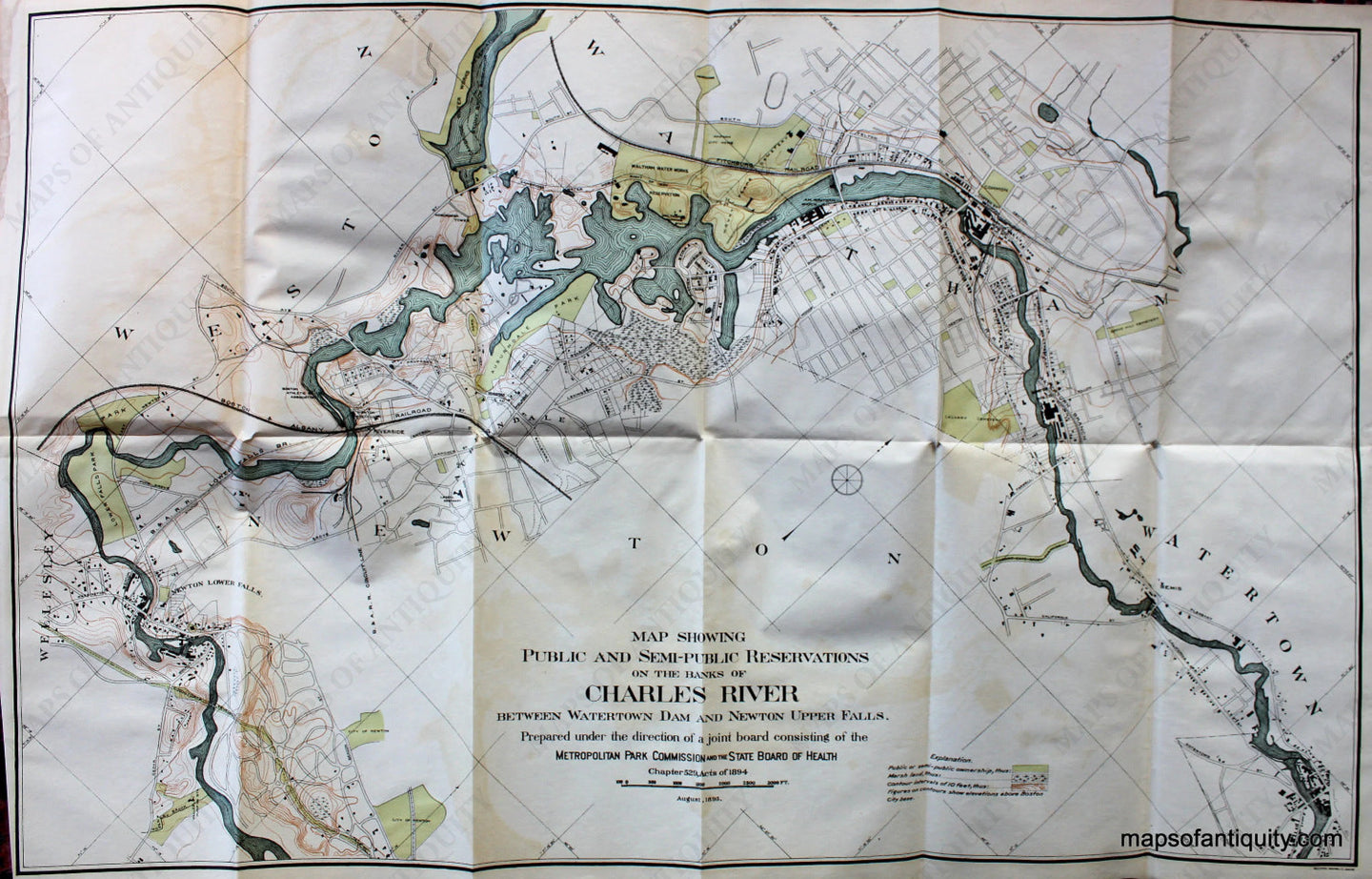 Antique-Folding-Maps-with-Report-Text-in-Book-Cover-Report-of-the-Joint-Board-upon-the-Improvement-of-Charles-River-1896-Folding-Towns-and-Cities-1896-Wright-&-Potter-Maps-Of-Antiquity