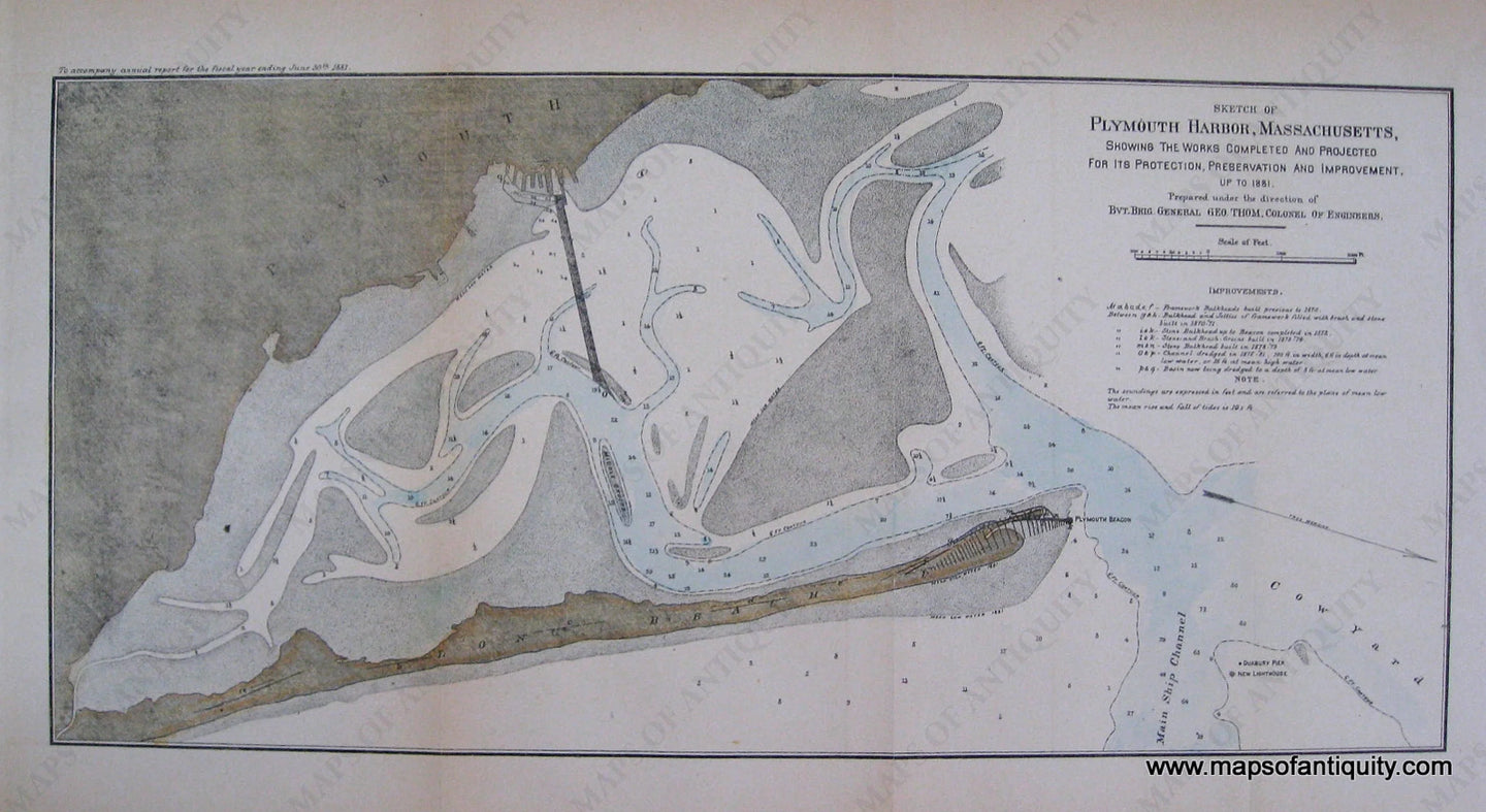 Hand-Colored-Antique-Harbor-Chart-Sketch-of-Plymouth-Harbor-Massachusetts-showing-the-Works-Completed-and-Projected-for-its-Protection-Preservation-and-Improvement.-Massachusetts--Plymouth-1881-U.S.-Government-Maps-Of-Antiquity