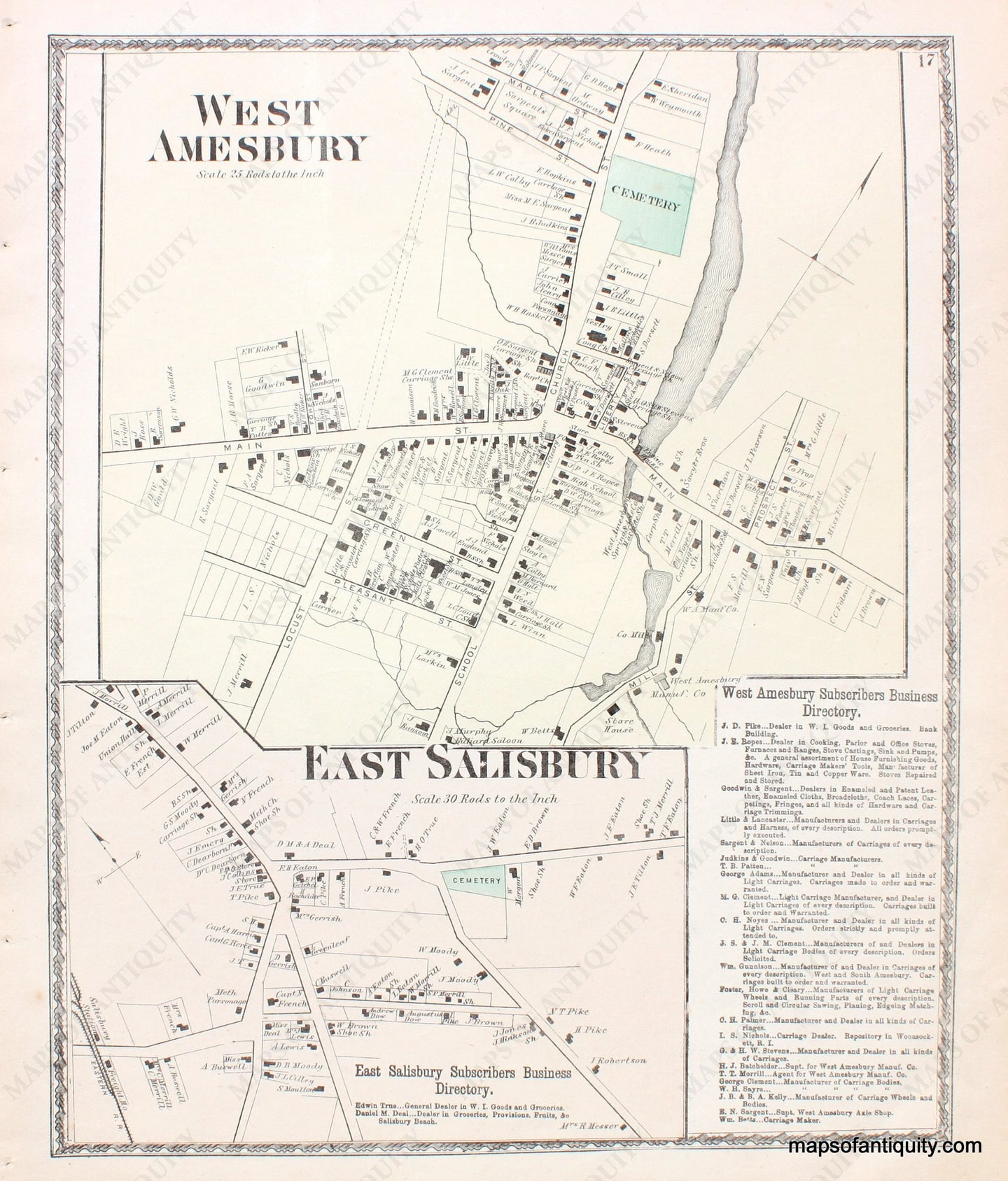 Antique-Hand-Colored-Map-West-Amesbury-&-East-Salisbury-Massachusetts-Essex-County--1872-Beers-Maps-Of-Antiquity