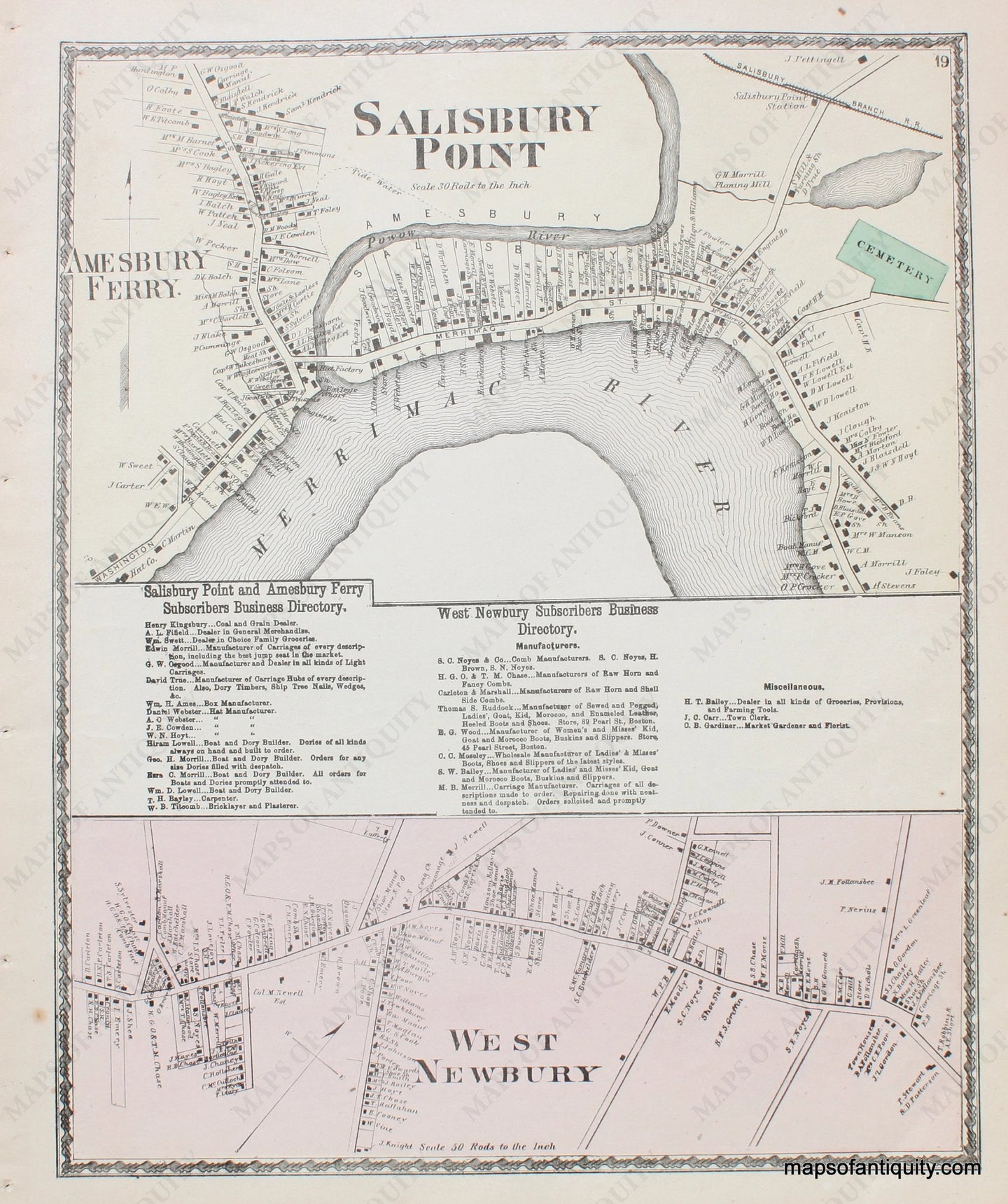 Antique-Hand-Colored-Map-Salisbury-Point-Amesbury-Ferry-&-West-Newbury-Massachusetts-Essex-County--1872-Beers-Maps-Of-Antiquity