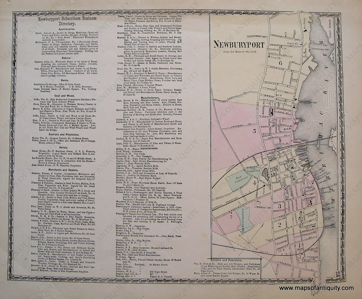 Antique-Hand-Colored-Map-Newburyport-(Center)-Essex-County--1872-Beers-Maps-Of-Antiquity