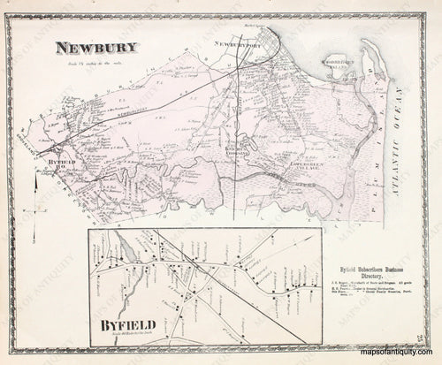 Antique-Hand-Colored-Map-Newbury-&-Byfield-Massachusetts--Essex-County--1872-Beers-Maps-Of-Antiquity