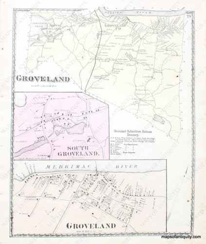 Antique-Hand-Colored-Map-Groveland-&-South-Groveland-Massachusetts--Essex-County--1872-Beers-Maps-Of-Antiquity