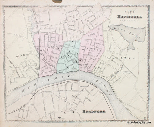 Antique-Hand-Colored-Map-City-of-Haverhill-Massachusetts-Essex-County--1872-Beers-Maps-Of-Antiquity