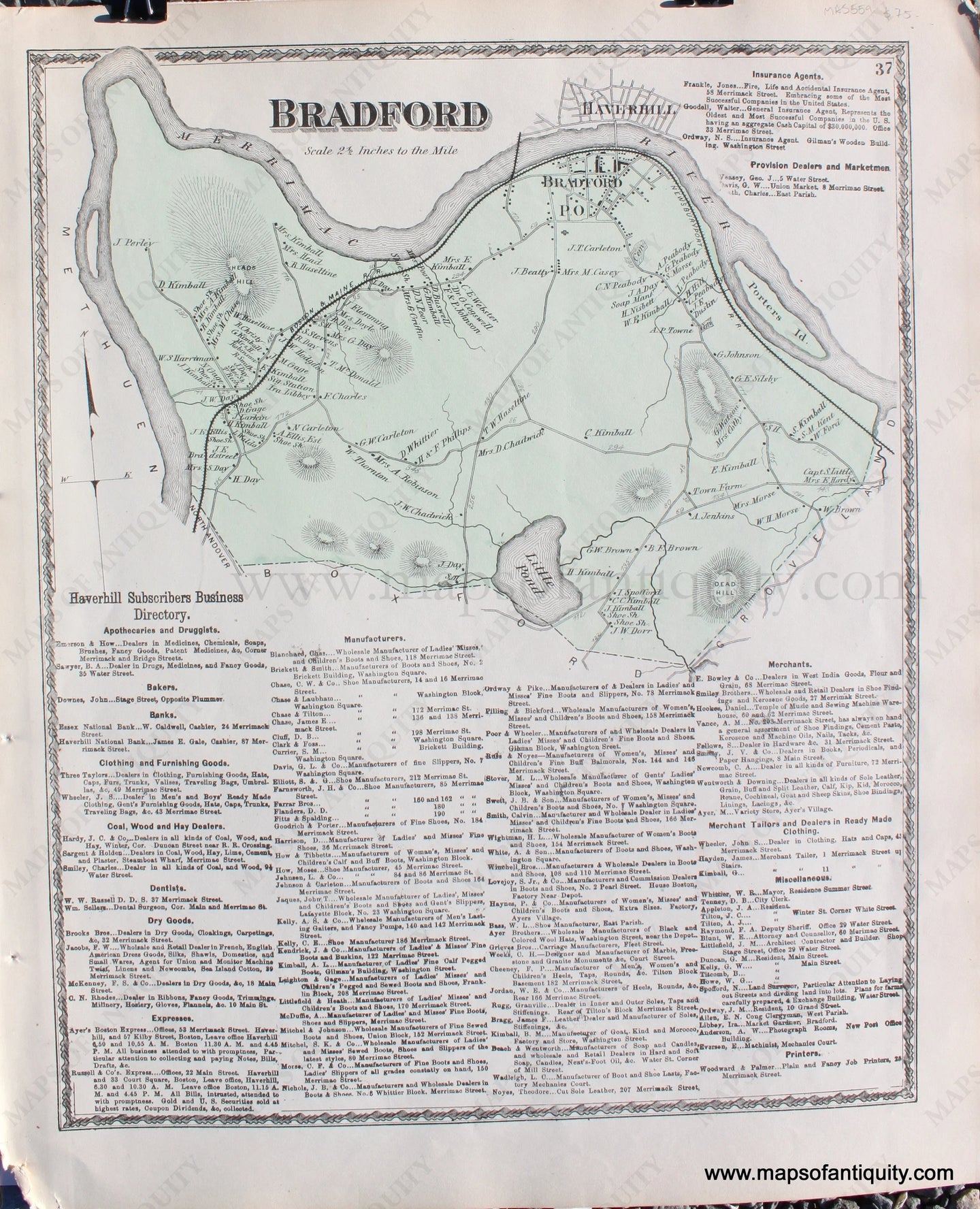 Antique-Hand-Colored-Map-Bradford-Massachusetts-******-Essex-County--1872-Beers-Maps-Of-Antiquity