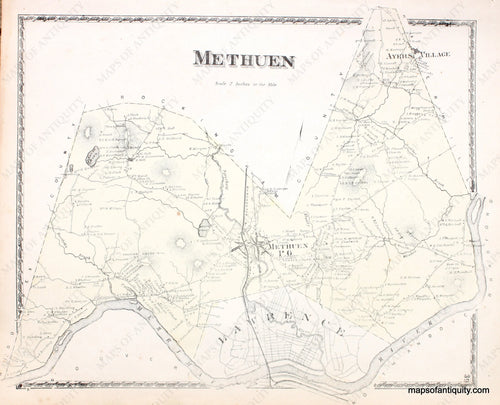 Antique-Hand-Colored-Map-Methuen-Massachusetts-Essex-County--1872-Beers-Maps-Of-Antiquity