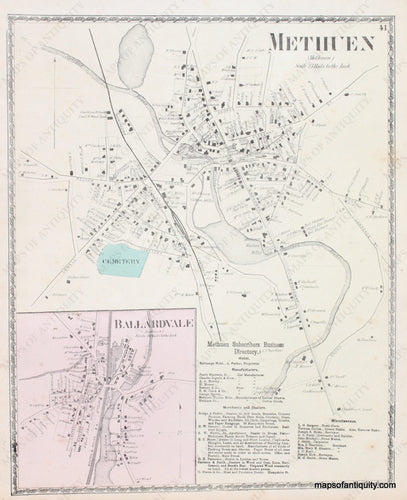 Antique-Hand-Colored-Map-Methuen-&-Ballardvale-Massachusetts-Essex-County--1872-Beers-Maps-Of-Antiquity