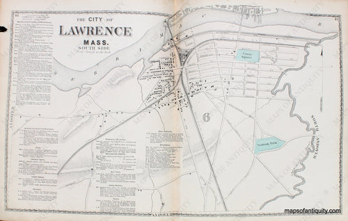 Antique-Hand-Colored-Map-The-City-of-Lawrence-Massachusetts-South-Side-Essex-County--1872-Beers-Maps-Of-Antiquity