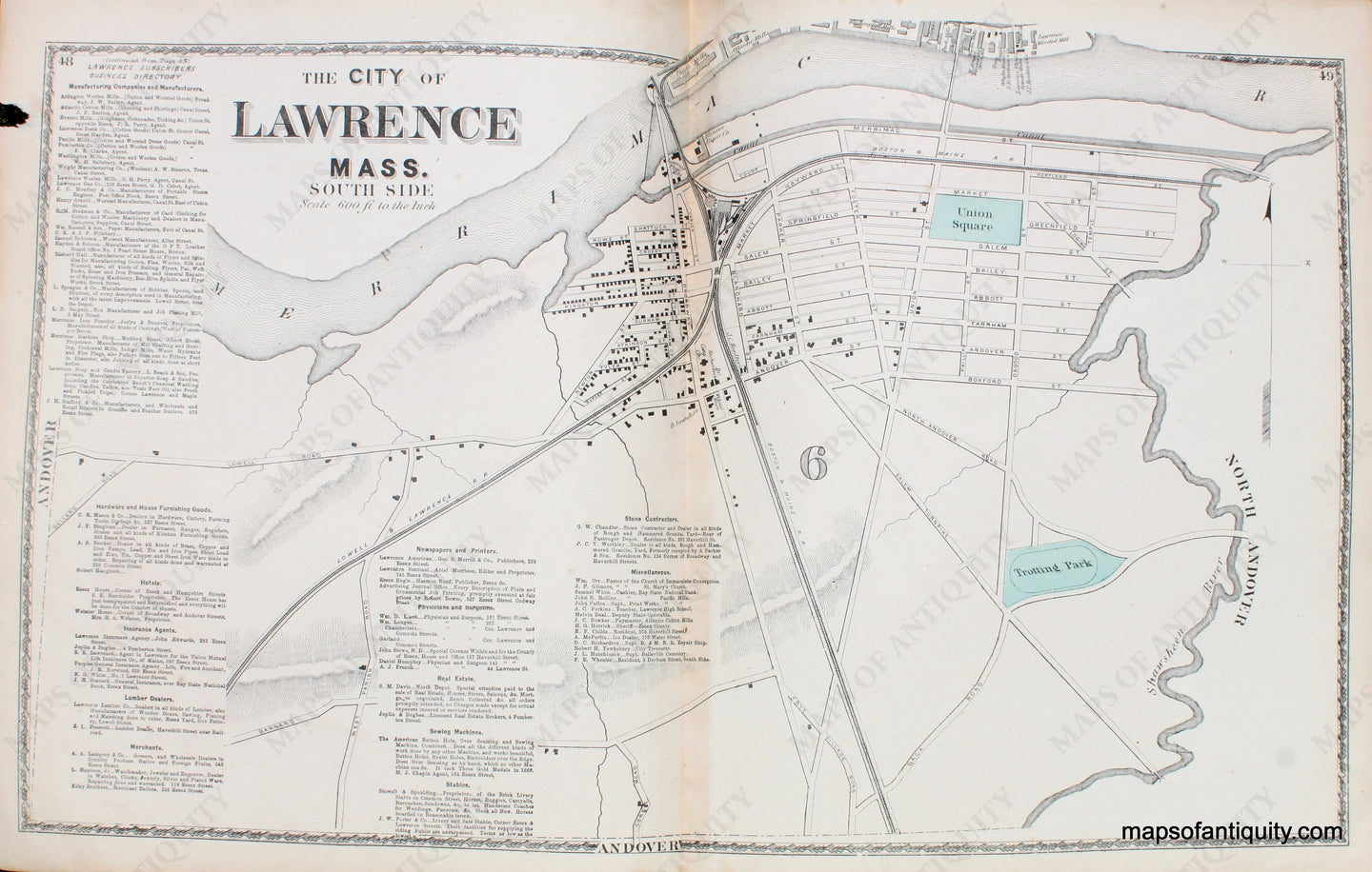 Antique-Hand-Colored-Map-The-City-of-Lawrence-Massachusetts-South-Side-Essex-County--1872-Beers-Maps-Of-Antiquity