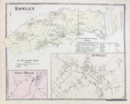 Antique-Hand-Colored-Map-Rowley-&-Glen-Mills-Massachusetts-Essex-County--1872-Beers-Maps-Of-Antiquity