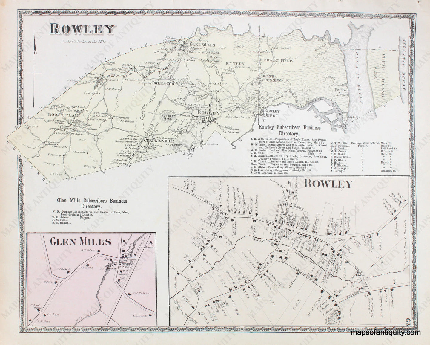 Antique-Hand-Colored-Map-Rowley-&-Glen-Mills-Massachusetts-Essex-County--1872-Beers-Maps-Of-Antiquity