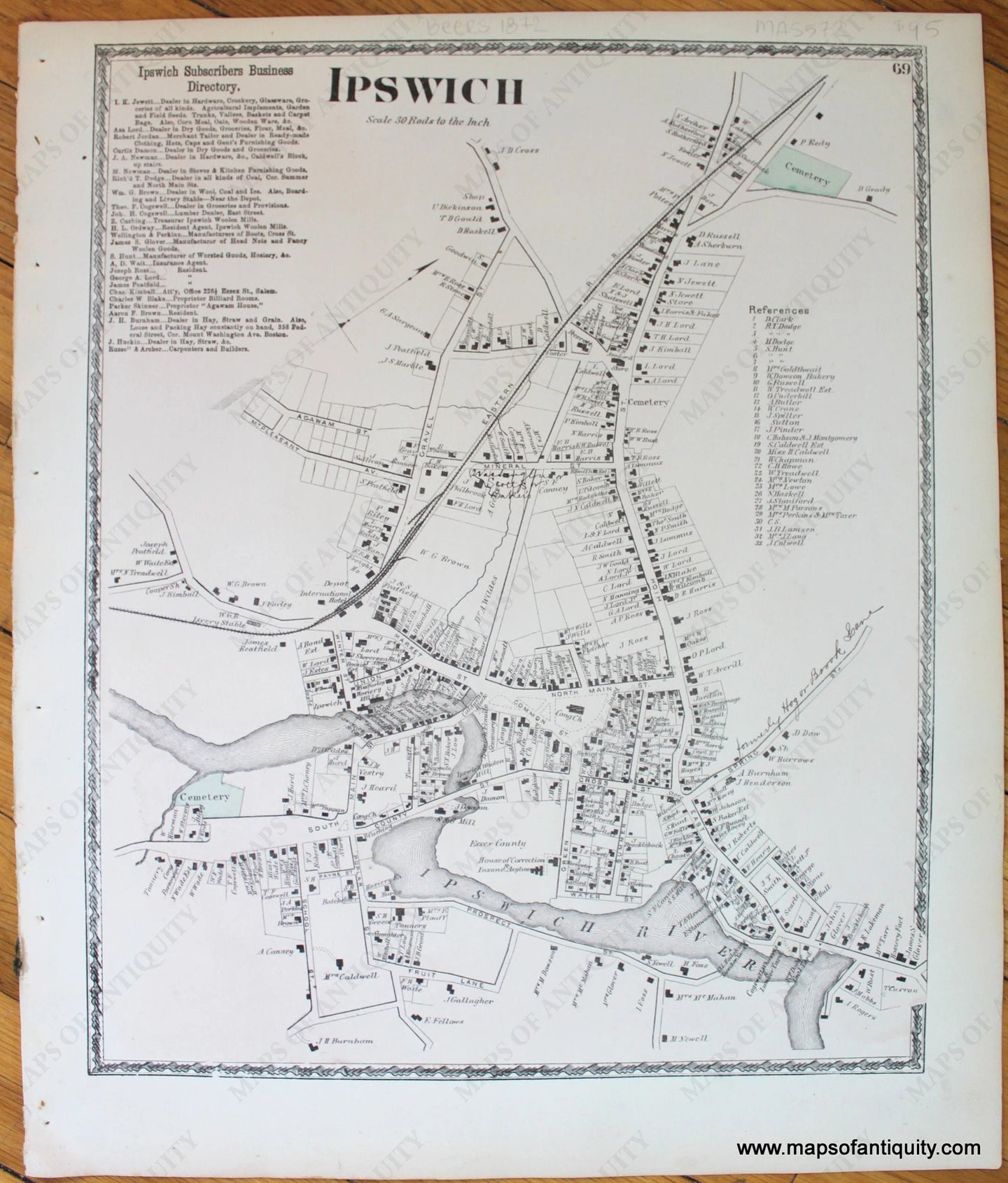 Antique-Hand-Colored-Map-Ipswich-(Center)-Massachusetts-Essex-County--1872-Beers-Maps-Of-Antiquity