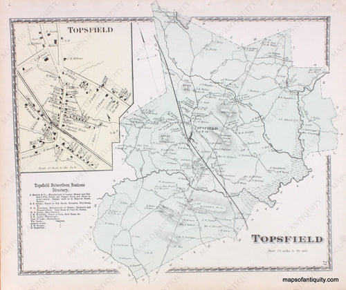 Antique-Hand-Colored-Map-Topsfield-Massachusetts--Essex-County--1872-Beers-Maps-Of-Antiquity