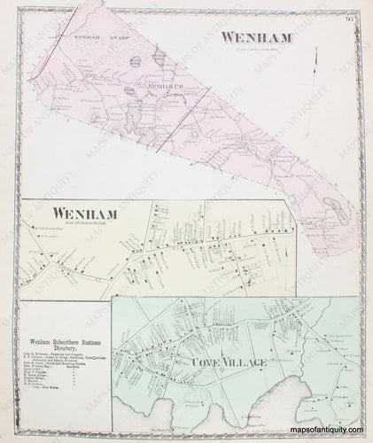 Antique-Hand-Colored-Map-Wenham-Cove-Village-Massachusetts-Essex-County--1872-Beers-Maps-Of-Antiquity