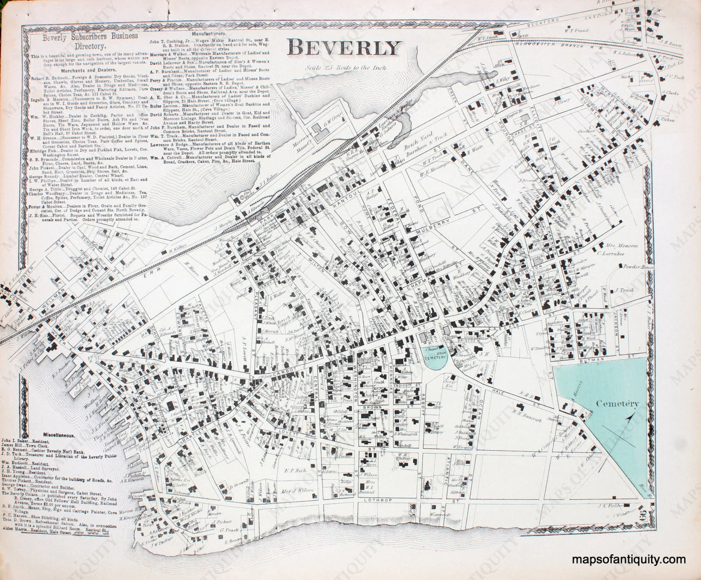 Antique-Hand-Colored-Map-Beverly-(Center)-Massachusetts-Essex-County--1872-Beers-Maps-Of-Antiquity