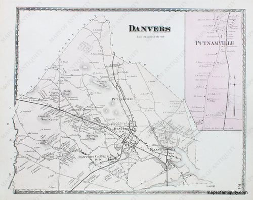 Antique-Hand-Colored-Map-Danvers-Putnamville-Massachusetts-******-Essex-County--1872-Beers-Maps-Of-Antiquity