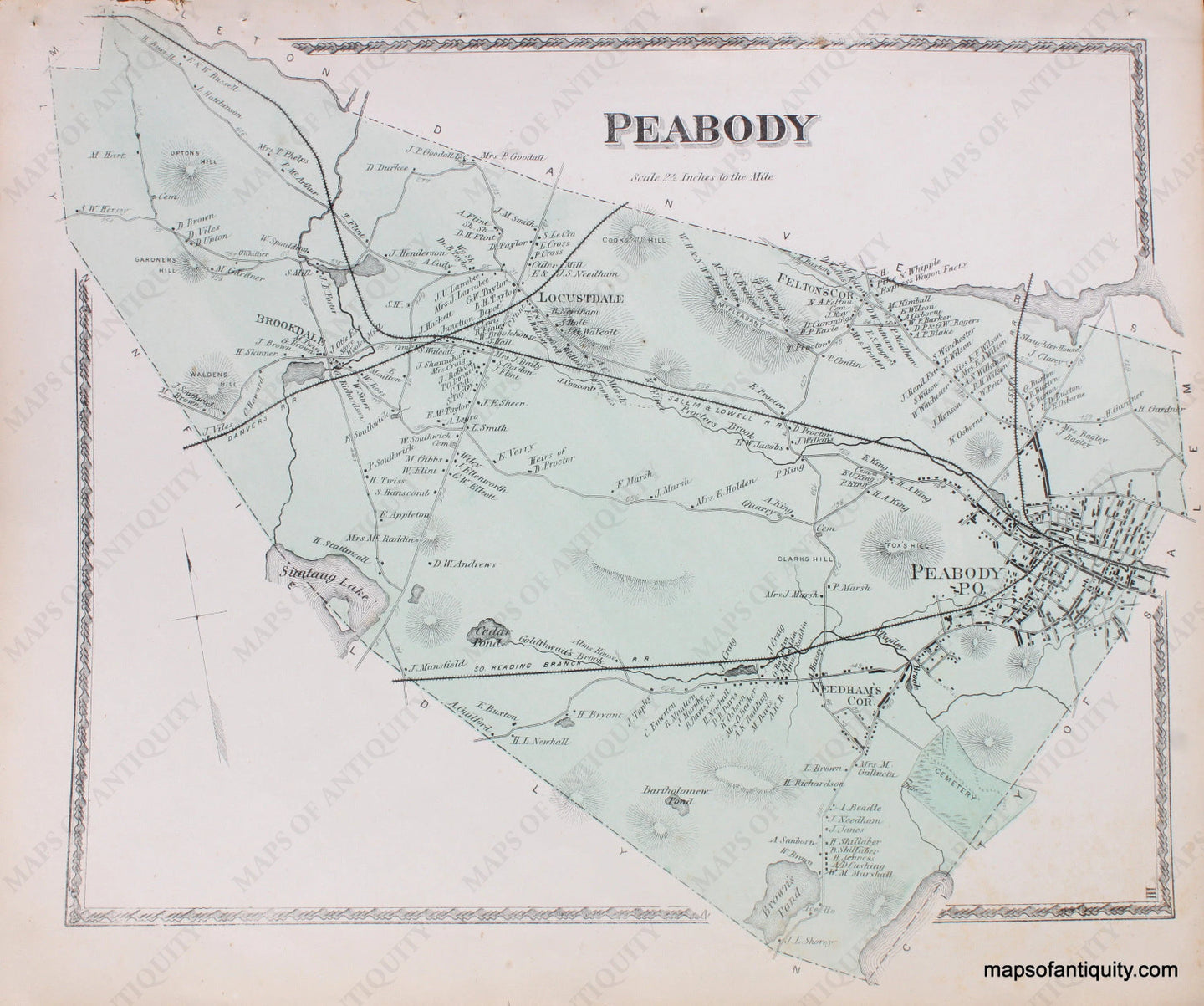 Antique-Hand-Colored-Map-Peabody-Massachusetts--Essex-County--1872-Beers-Maps-Of-Antiquity