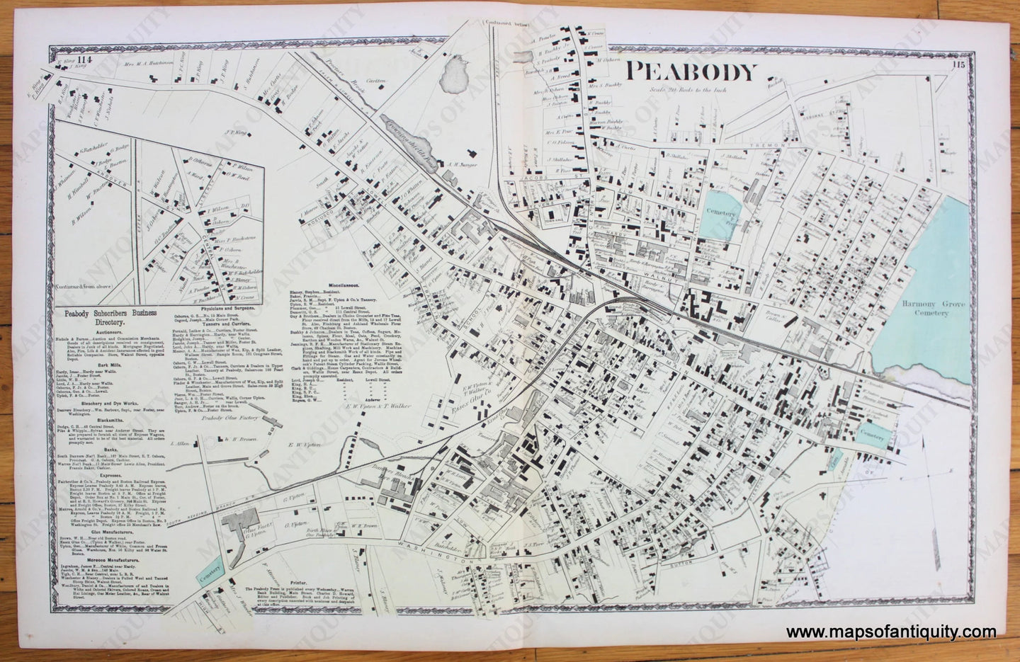 Antique-Hand-Colored-Map-Peabody-(Center)-Massachusetts--Essex-County--1872-Beers-Maps-Of-Antiquity