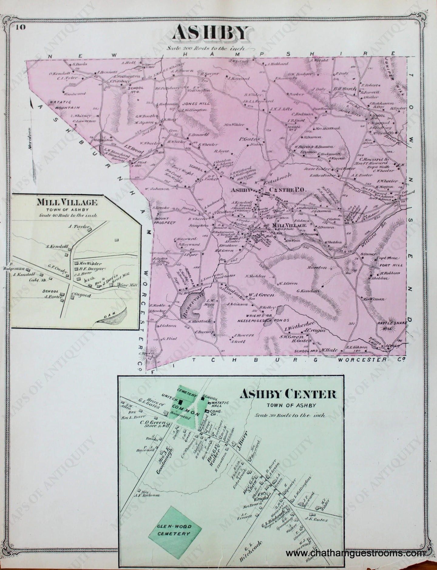 Antique-Hand-Colored-Map-Ashby-(MA)-Middlesex--1875-Beers-Maps-Of-Antiquity