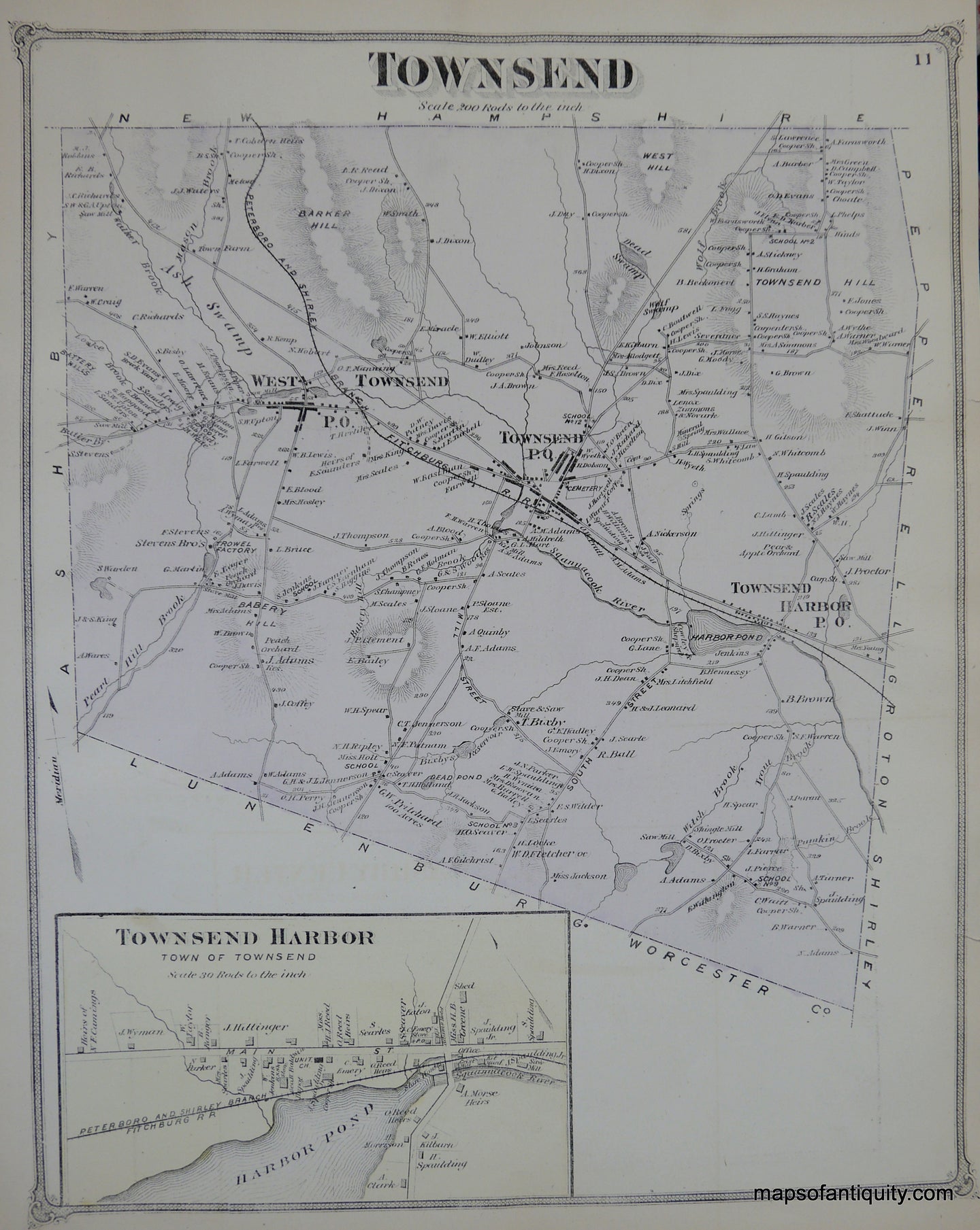 1875 - Townsend, with Townsend Harbor Inset (MA), Townsend center & East Part of West Townsend- Antique Map