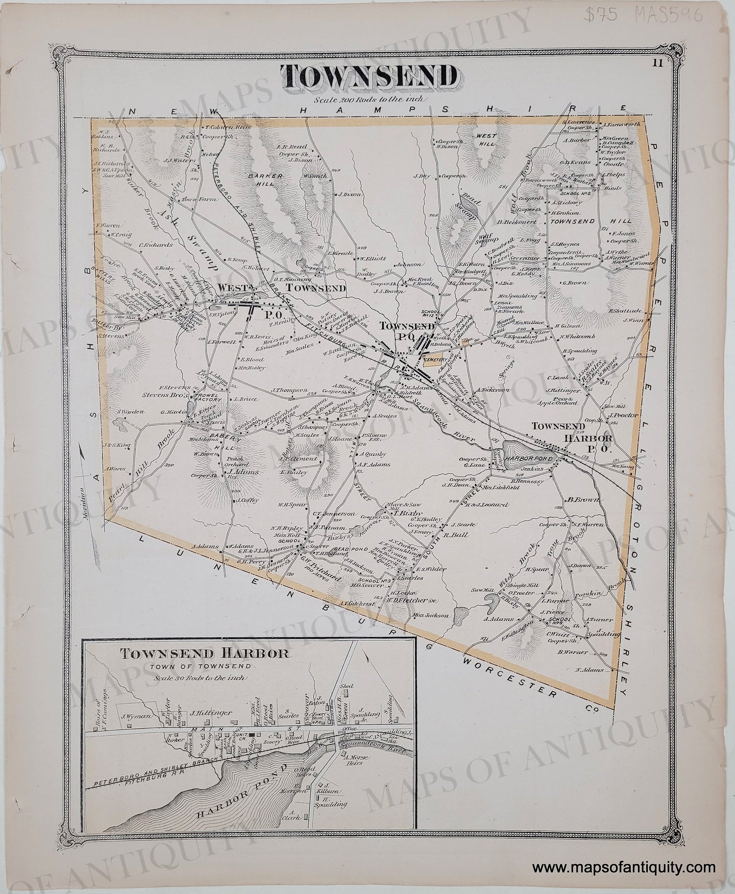 Antique map of Townsend, MA from 1875 in original color tones of orange.