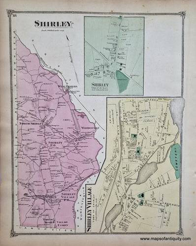Antique-Hand-Colored-Map-Shirley-(MA)-Middlesex--1875-Beers-Maps-Of-Antiquity