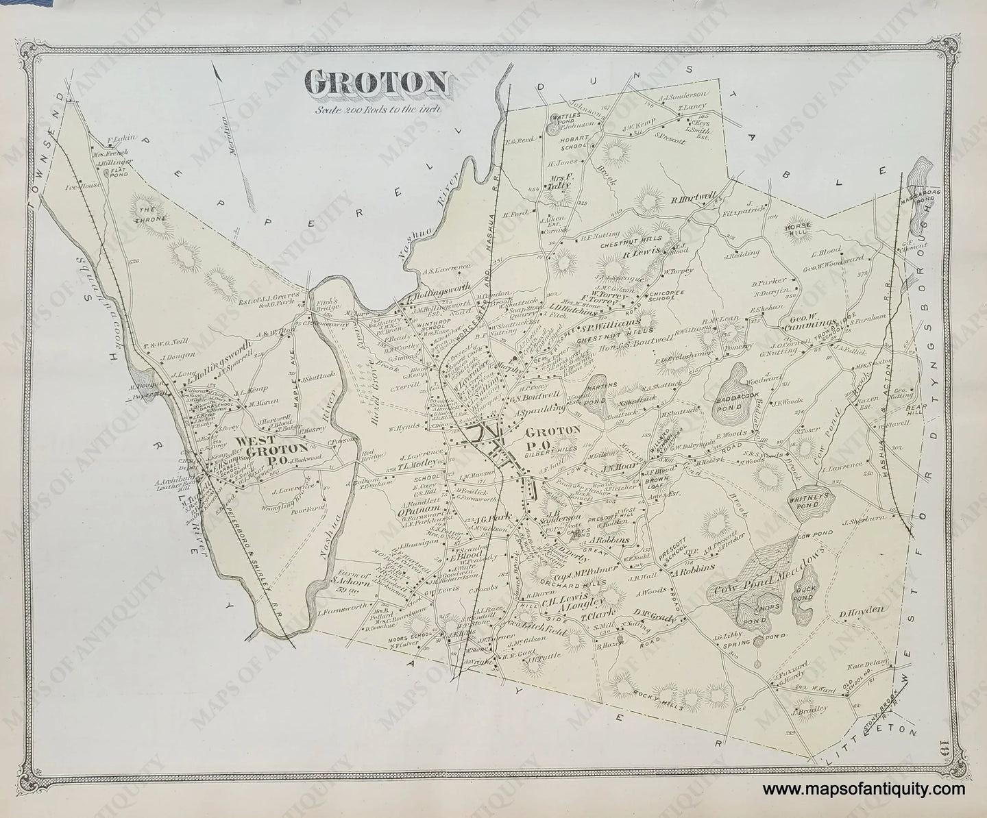 Antique-Hand-Colored-Map-Groton-(MA)-Middlesex--1875-Beers-Maps-Of-Antiquity