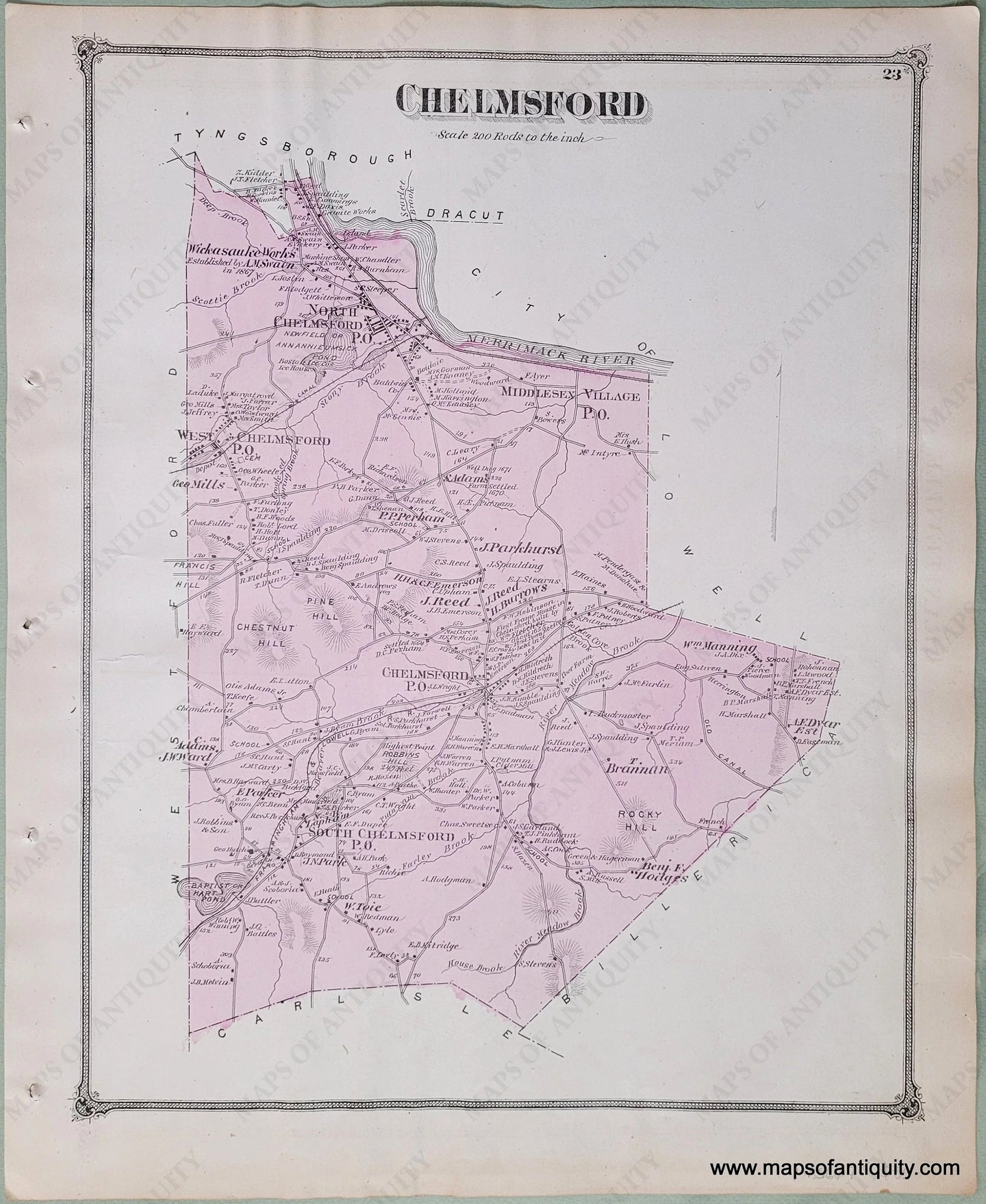 Antique-Hand-Colored-Map-Chelmsford-Massachusetts-Middlesex--1875-Beers-Maps-Of-Antiquity