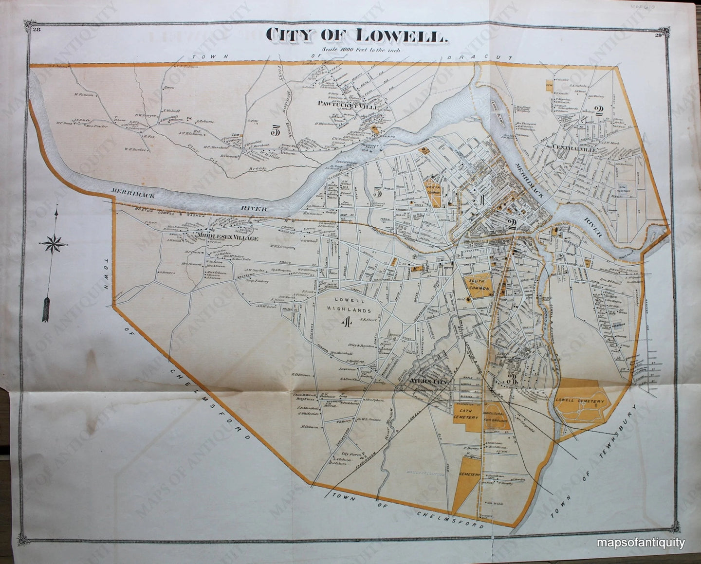 Antique-Hand-Colored-Map-Lowell-(MA)-Middlesex--1875-Beers-Maps-Of-Antiquity