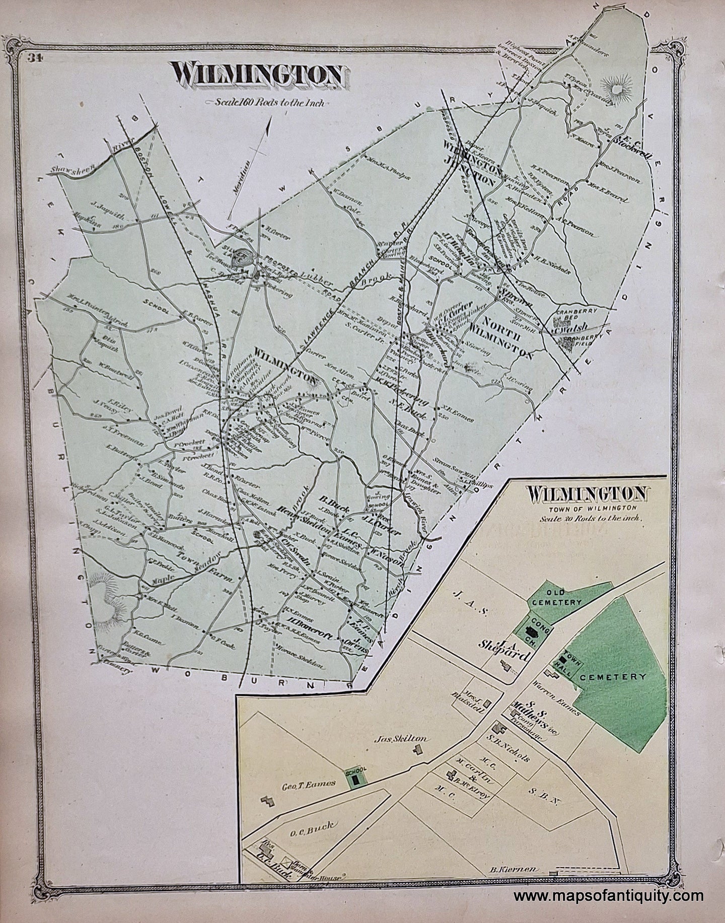 Antique-Hand-Colored-Map-Wilmington-(MA)-Middlesex--1875-Beers-Maps-Of-Antiquity