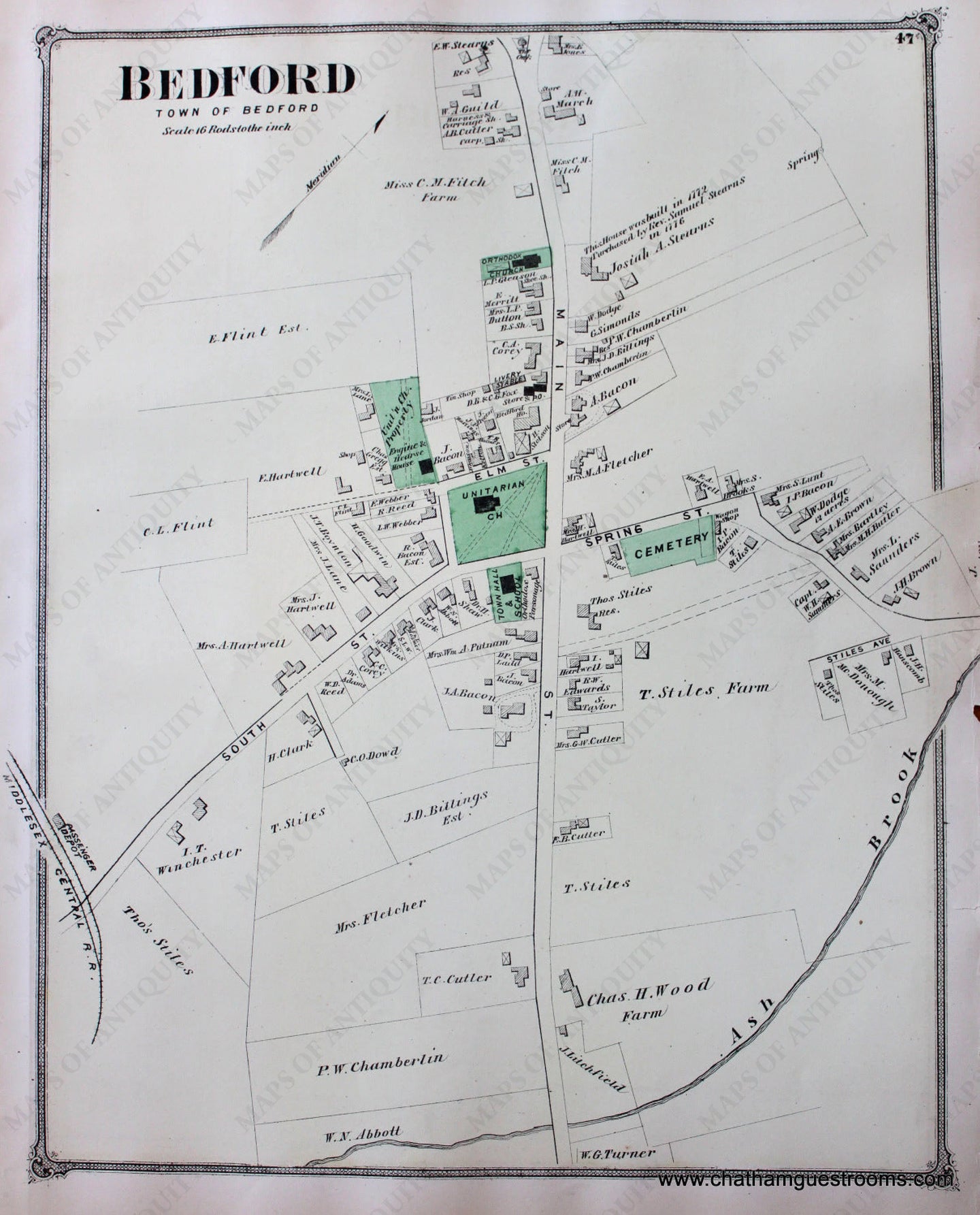 Antique-Hand-Colored-Map-Bedford-(Center)-(MA)-Middlesex--1875-Beers-Maps-Of-Antiquity