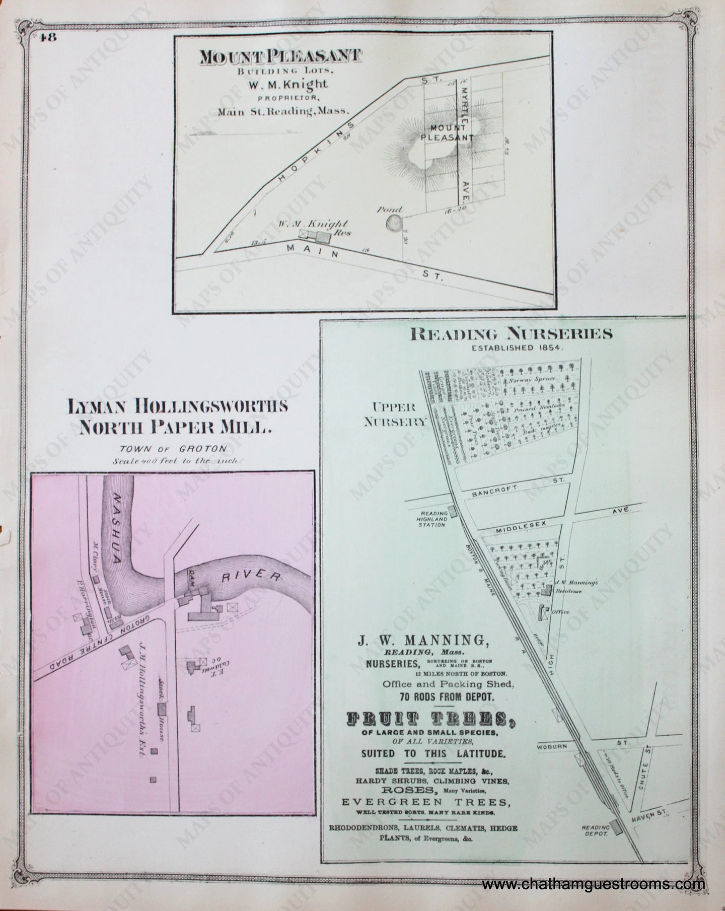 Antique-Hand-Colored-Map-Mount-Pleasant-Building-Lots-Lyman-Hollingworth's-North-Paper-Mill-Reading-Nurseries-(MA)-Middlesex--1875-Beers-Maps-Of-Antiquity