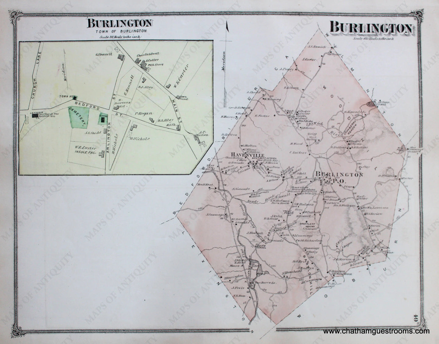 Antique-Hand-Colored-Map-Burlington-**********-Middlesex--1875-Beers-Maps-Of-Antiquity